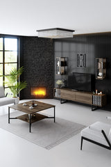 TV Meubels - TV Meubel Set Chrome Line Walnoot Zwart Melamine 180x48x30 cm - Dimehouse