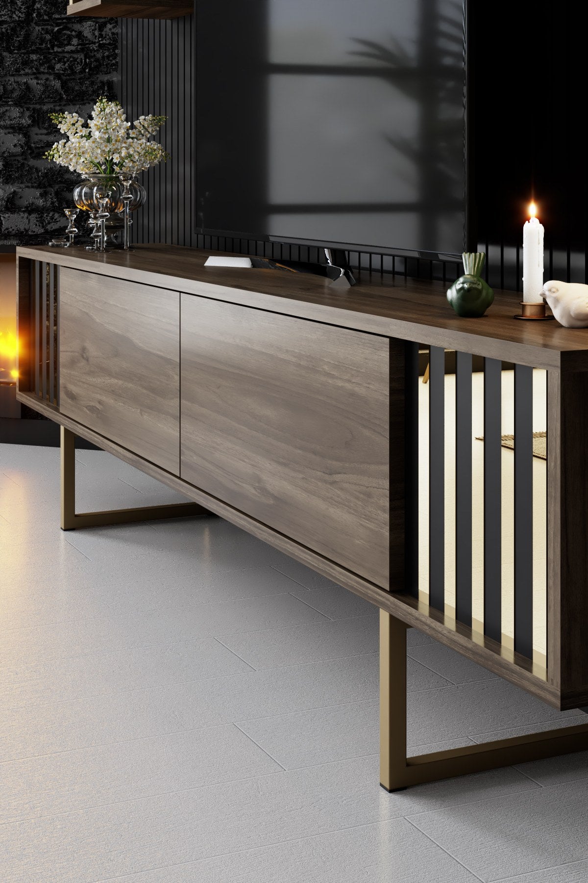 TV Meubels - TV Meubel Set Gold Line Walnoot Zwart Melamine 180x48x30 cm - Dimehouse