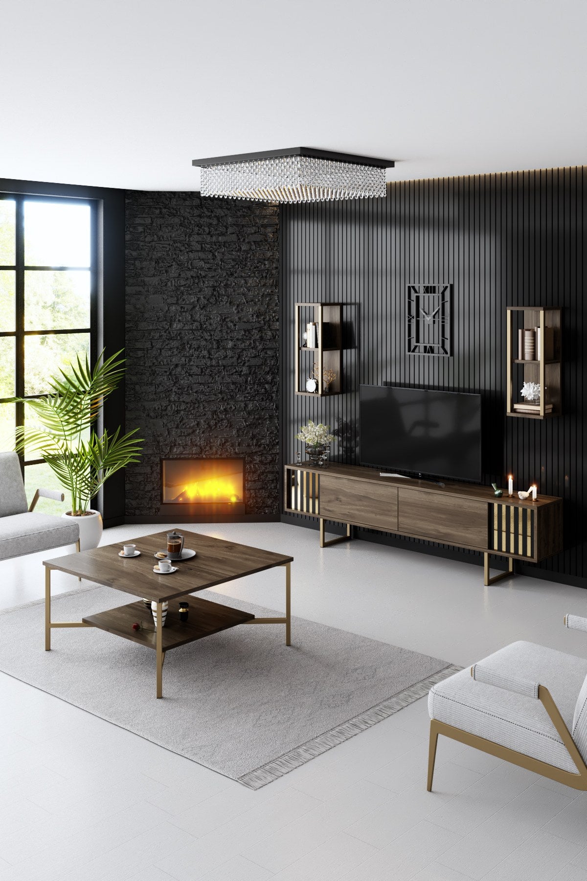 TV Meubels - TV Meubel Set Gold Line Walnoot Zwart Melamine 180x48x30 cm - Dimehouse