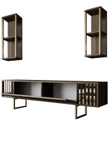 TV Meubels - TV Meubel Set Gold Line Walnoot Zwart Melamine 180x48x30 cm - Dimehouse