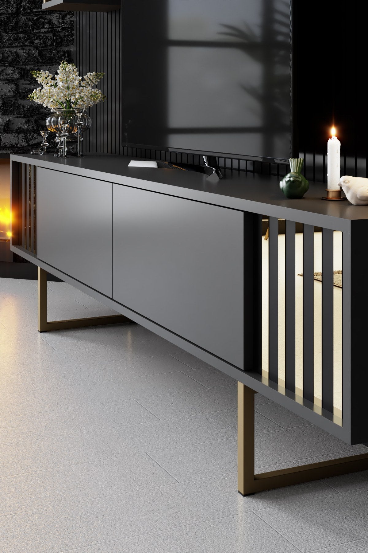 Meubelsets - Meubelset Antraciet - Goud - Gold Line - Salontafel + TV Meubel - Dimehouse