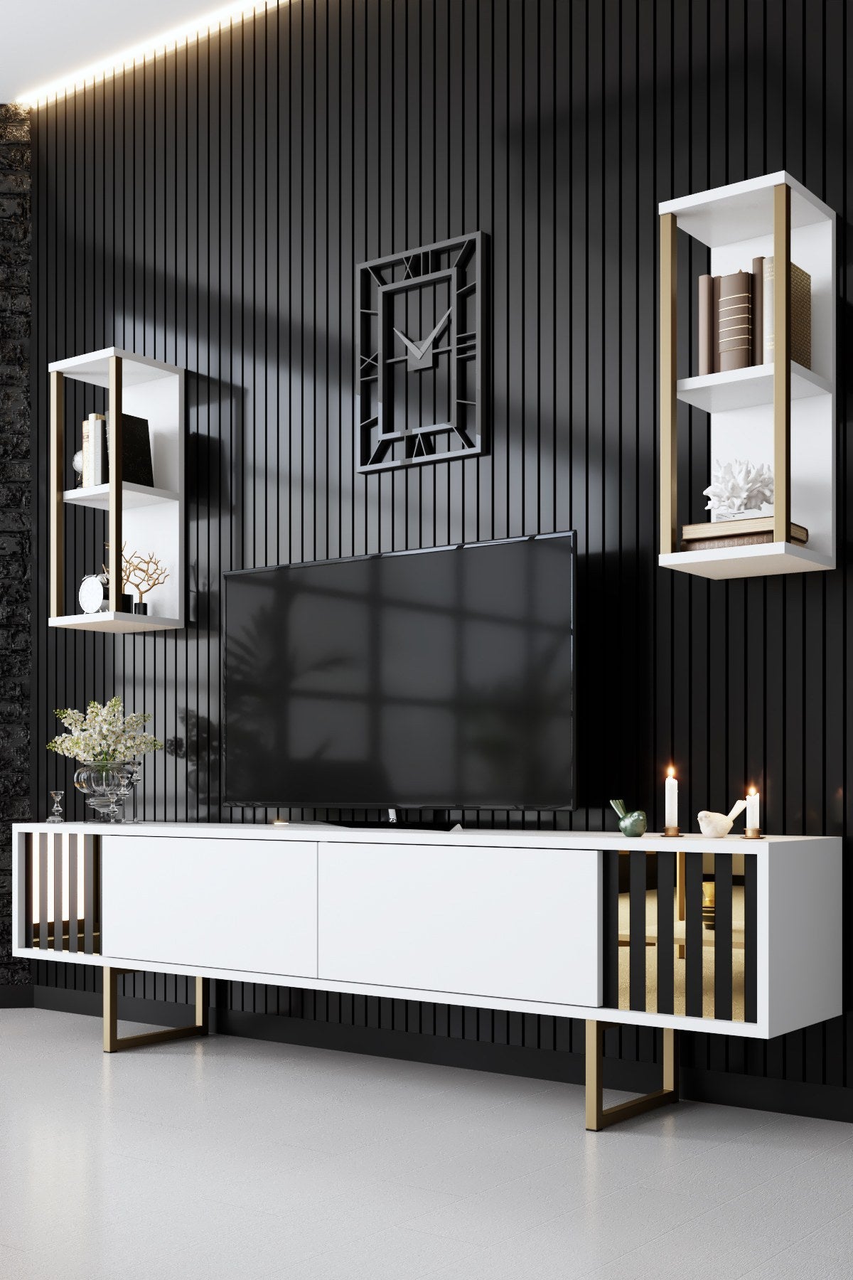 Set di mobili Bianco-Oro - Gold Line - Tavolino + Mobile TV