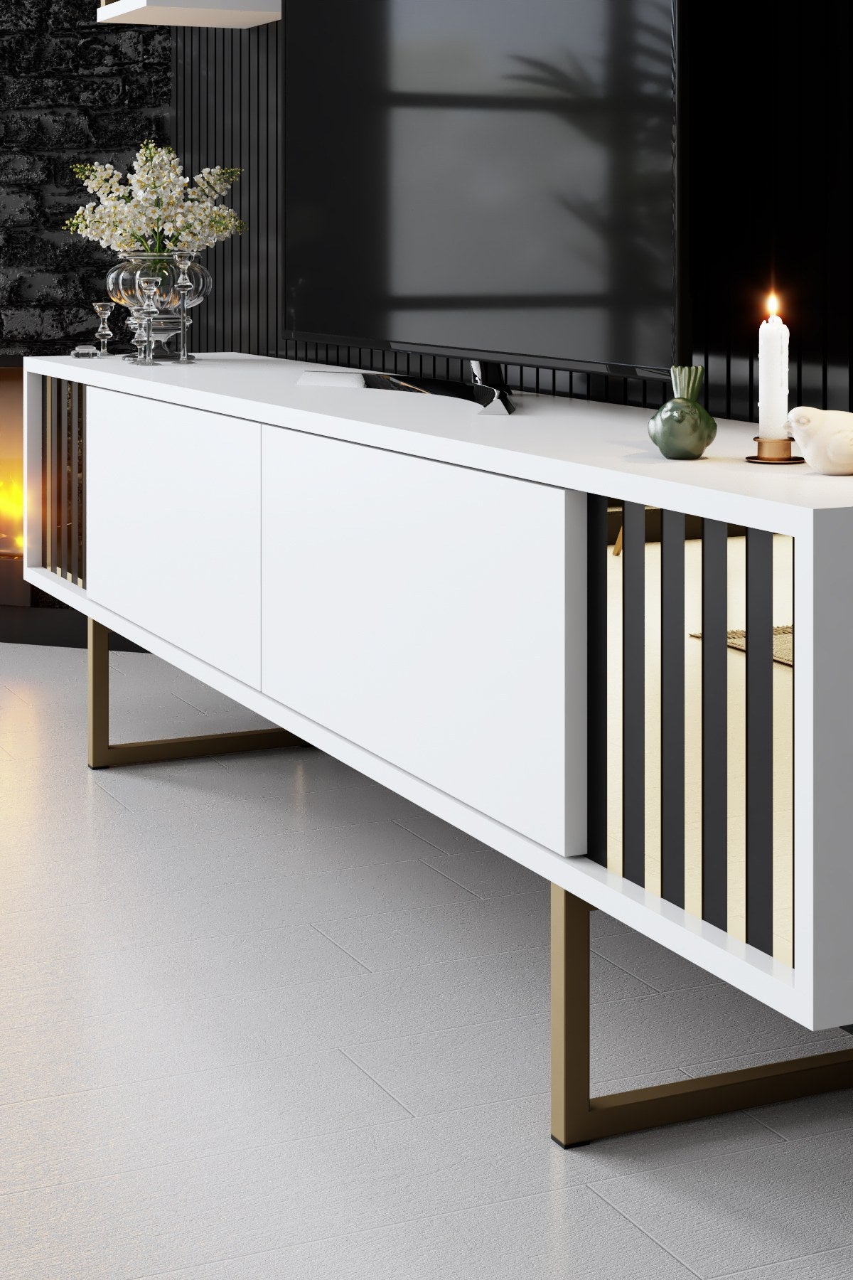 Set di mobili Bianco-Oro - Gold Line - Tavolino + Mobile TV