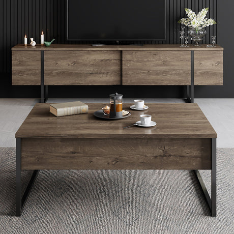 Meubelsets - Meubelset Walnoot Luxe - Salontafel + TV Meubel - Zwart Frame - Dimehouse