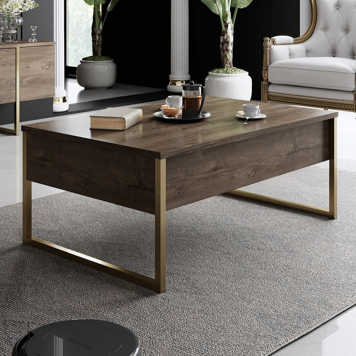 Meubelsets - Meubelset Walnoot Luxe - Salontafel + TV Meubel - Gouden Frame - Dimehouse