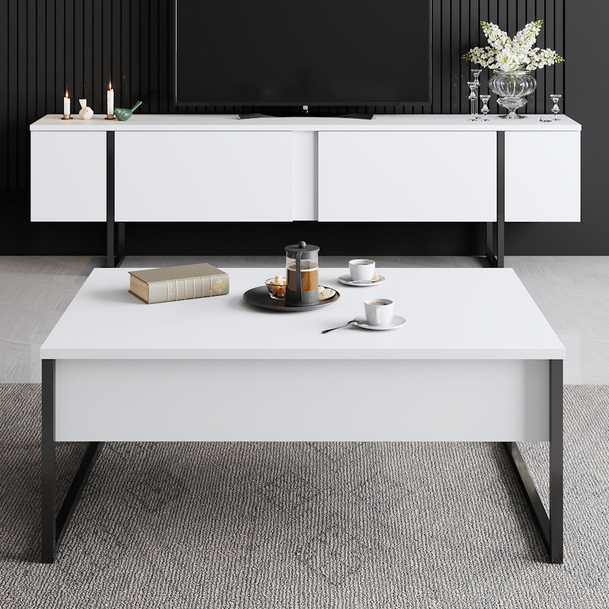 Meubelsets - Meubelset Wit Luxe - Salontafel + TV Meubel - Zwart Frame - Dimehouse