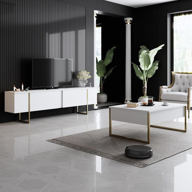 Meubelsets - Meubelset Wit Luxe - Salontafel + TV Meubel - Gouden Frame - Dimehouse