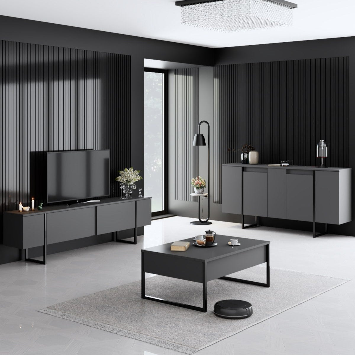 Set di mobili Antracite Luxury - Tavolino + Mobile TV + Credenza - Struttura nera