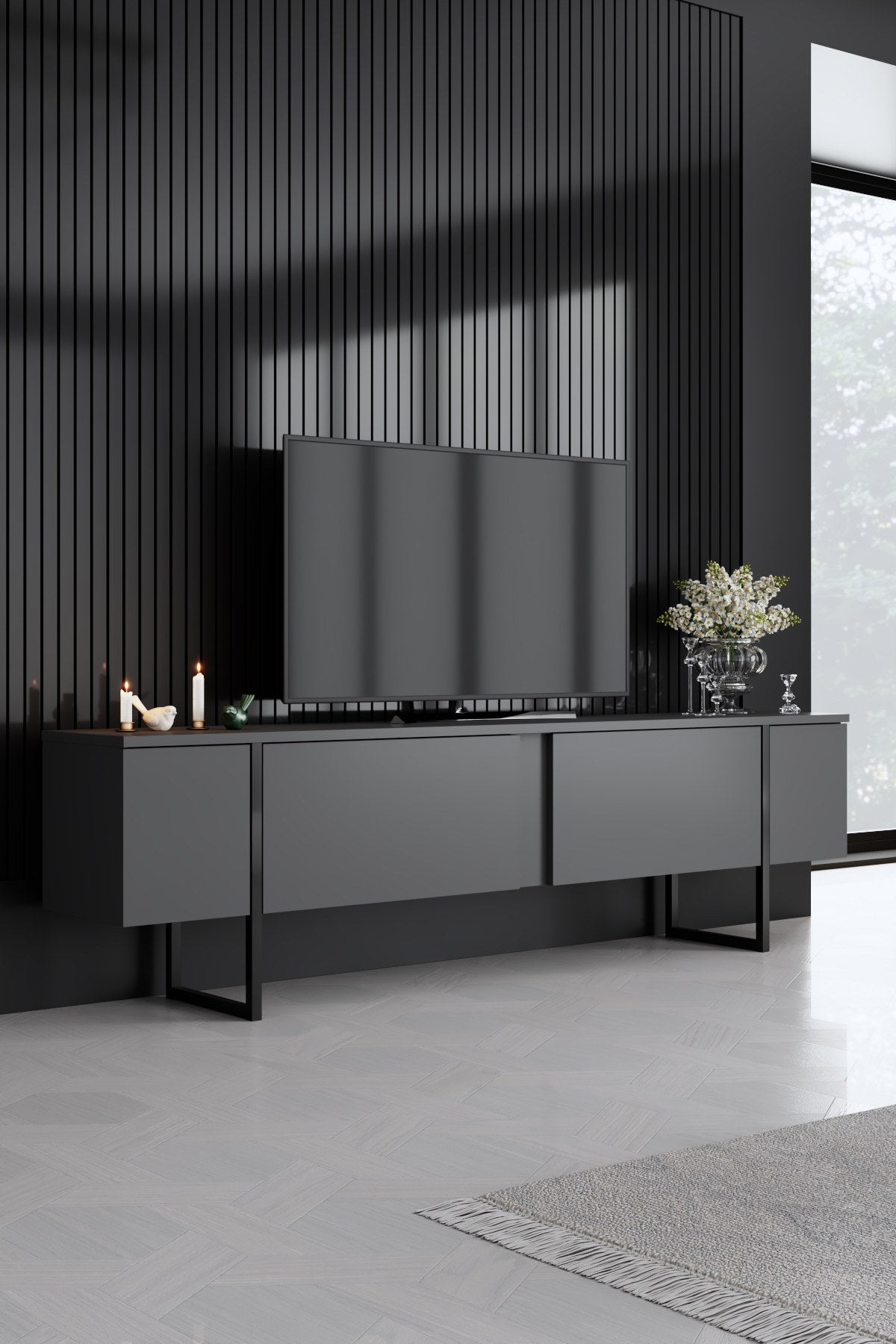 Set di mobili Antracite Luxury - Tavolino + Mobile TV + Credenza - Struttura nera