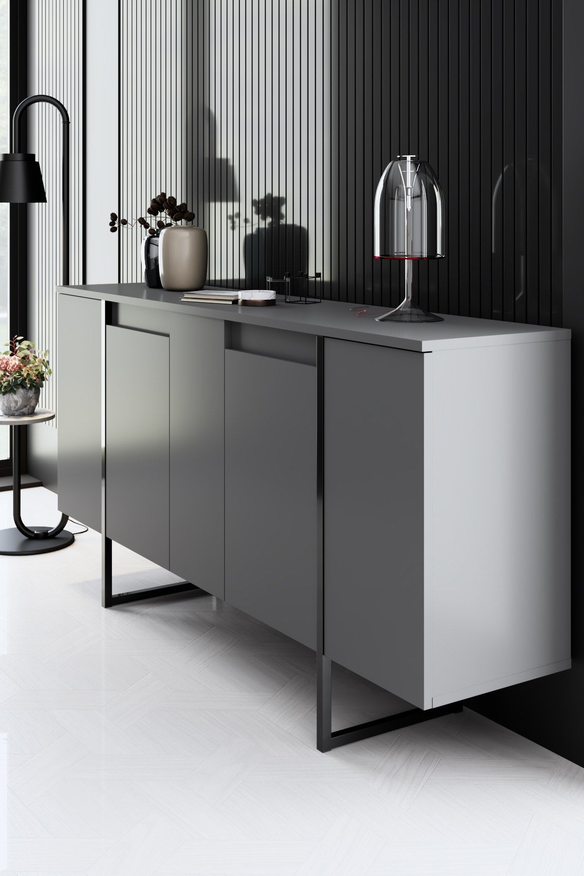 Set di mobili Antracite Luxury - Tavolino + Mobile TV + Credenza - Struttura nera