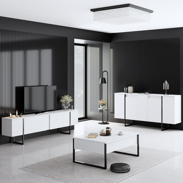 Meubelsets - Meubelset Wit Luxe - Salontafel + TV Meubel + Dressoir - Zwart Frame - Dimehouse