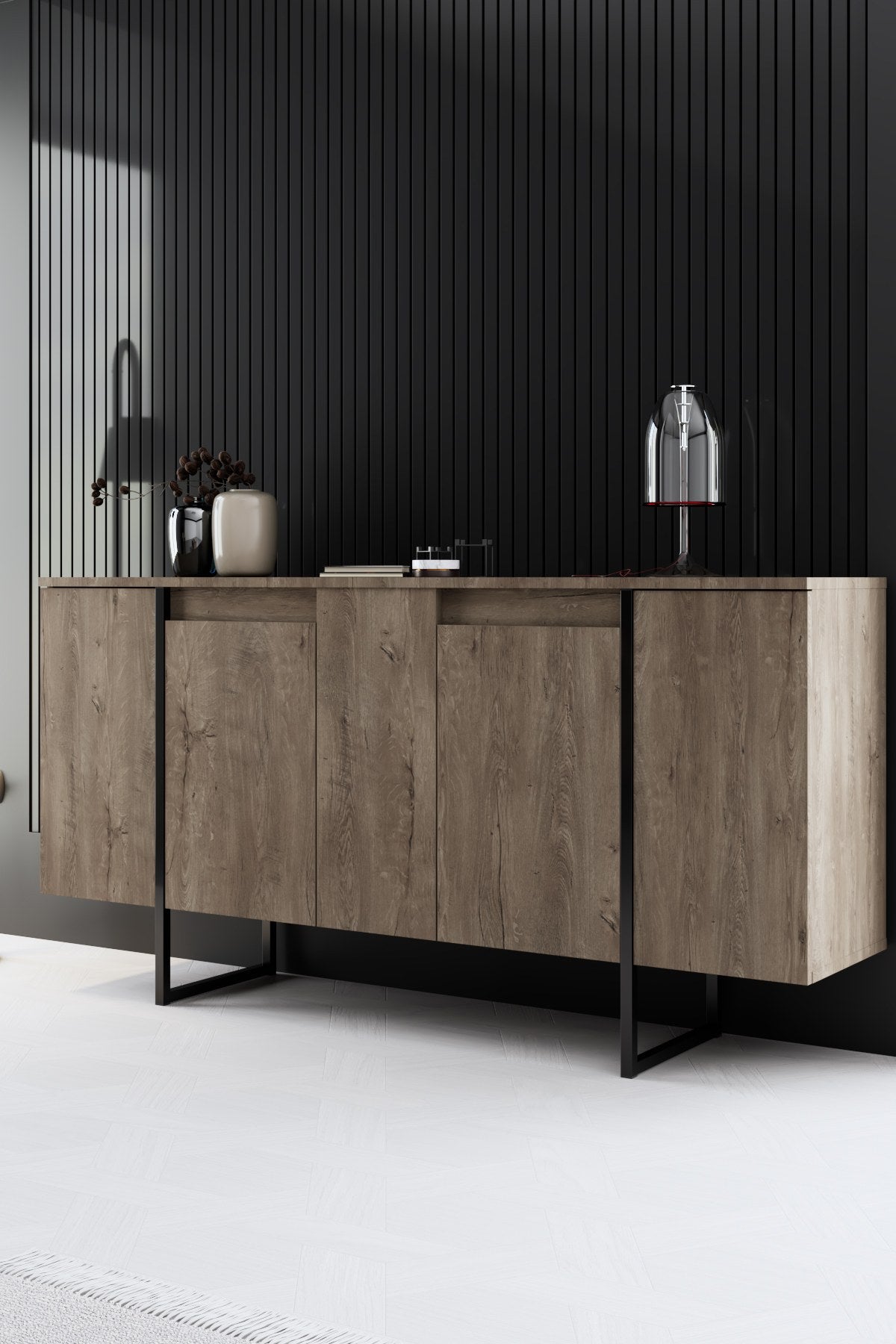 Meubelsets - Meubelset Walnoot Luxe - Salontafel + TV Meubel + Dressoir - Zwart Frame - Dimehouse