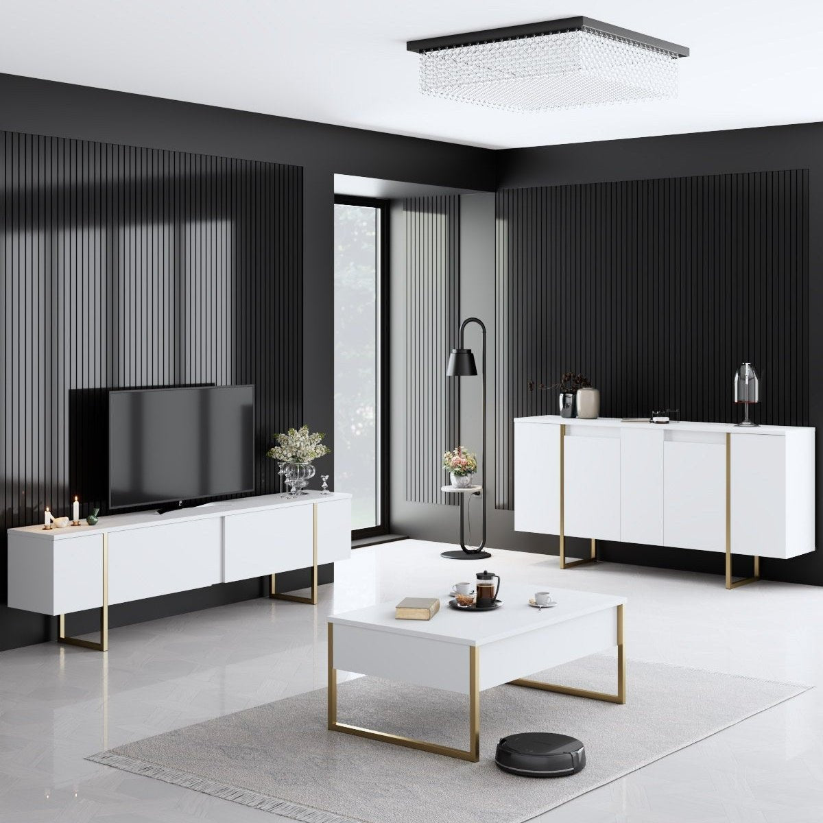 Meubelsets - Meubelset Wit Luxe - Salontafel + TV Meubel + Dressoir - Gouden Frame - Dimehouse