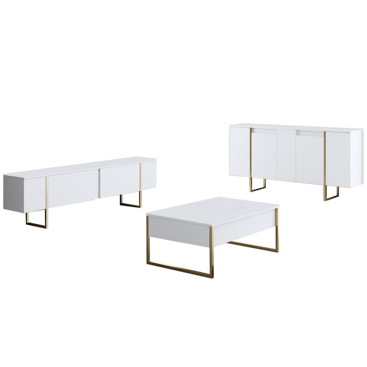 Meubelsets - Meubelset Wit Luxe - Salontafel + TV Meubel + Dressoir - Gouden Frame - Dimehouse