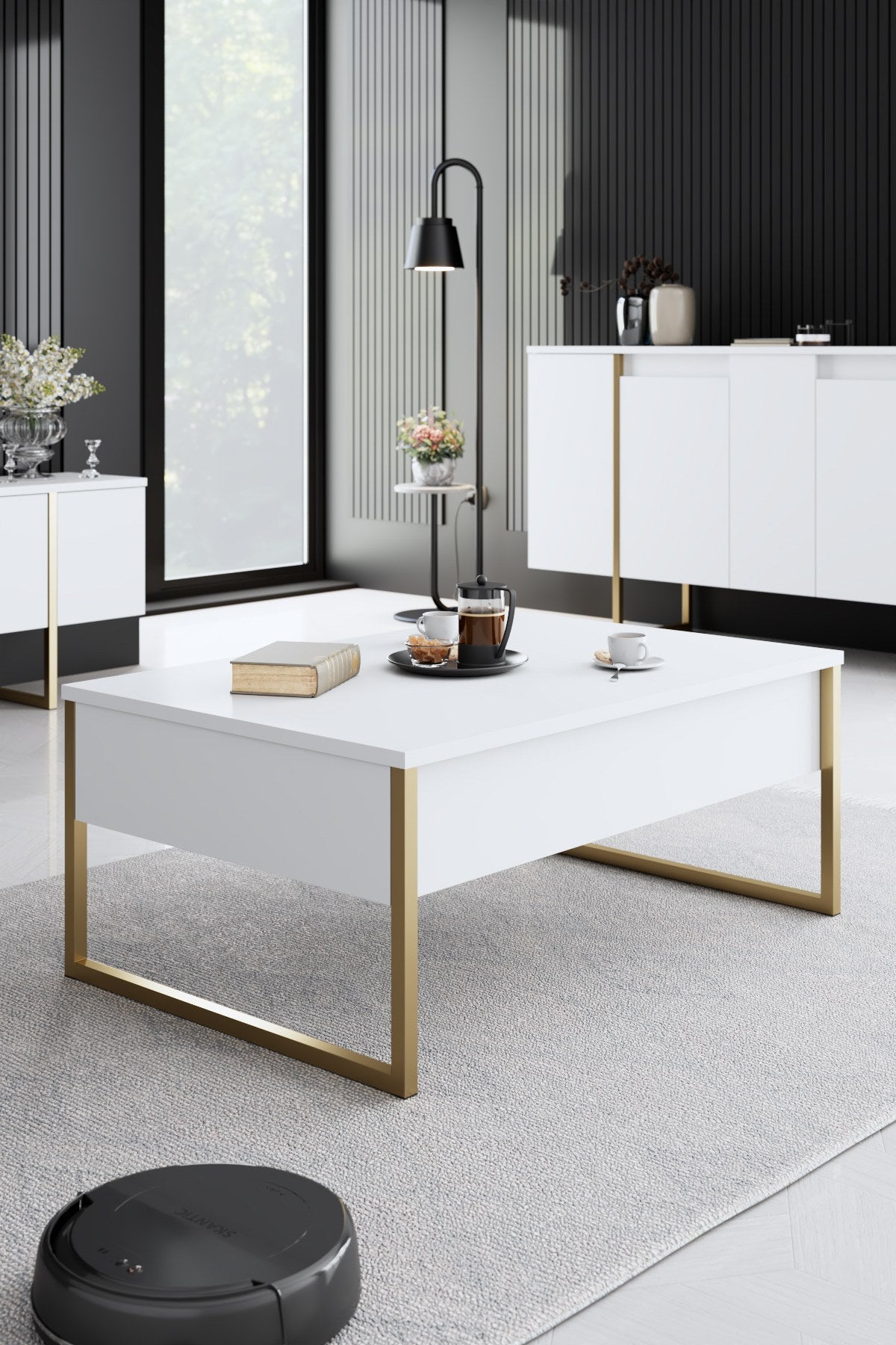 Meubelsets - Meubelset Wit Luxe - Salontafel + TV Meubel + Dressoir - Gouden Frame - Dimehouse