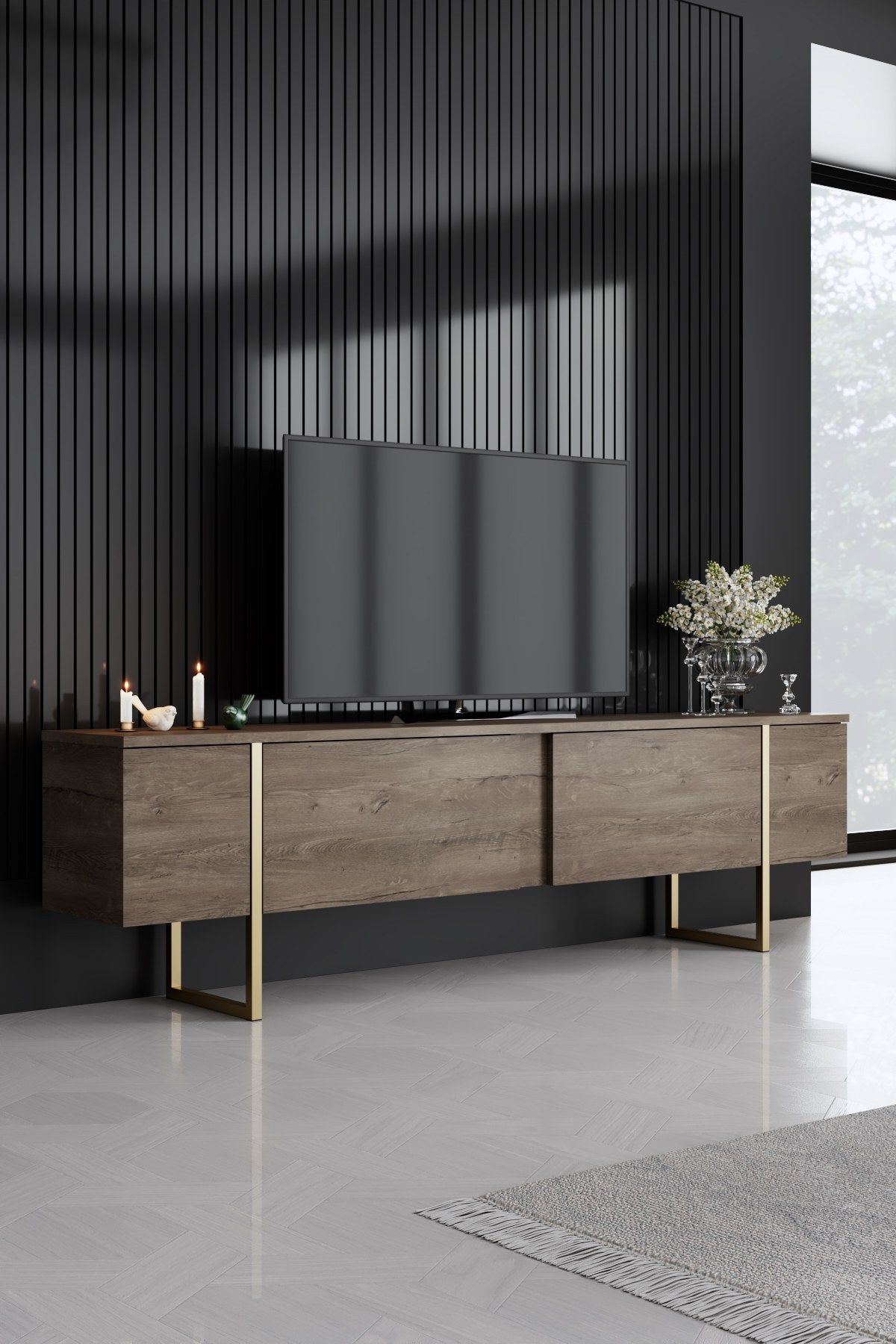 Set di mobili di lusso in noce - Tavolino + Mobile TV + Credenza - Cornice dorata
