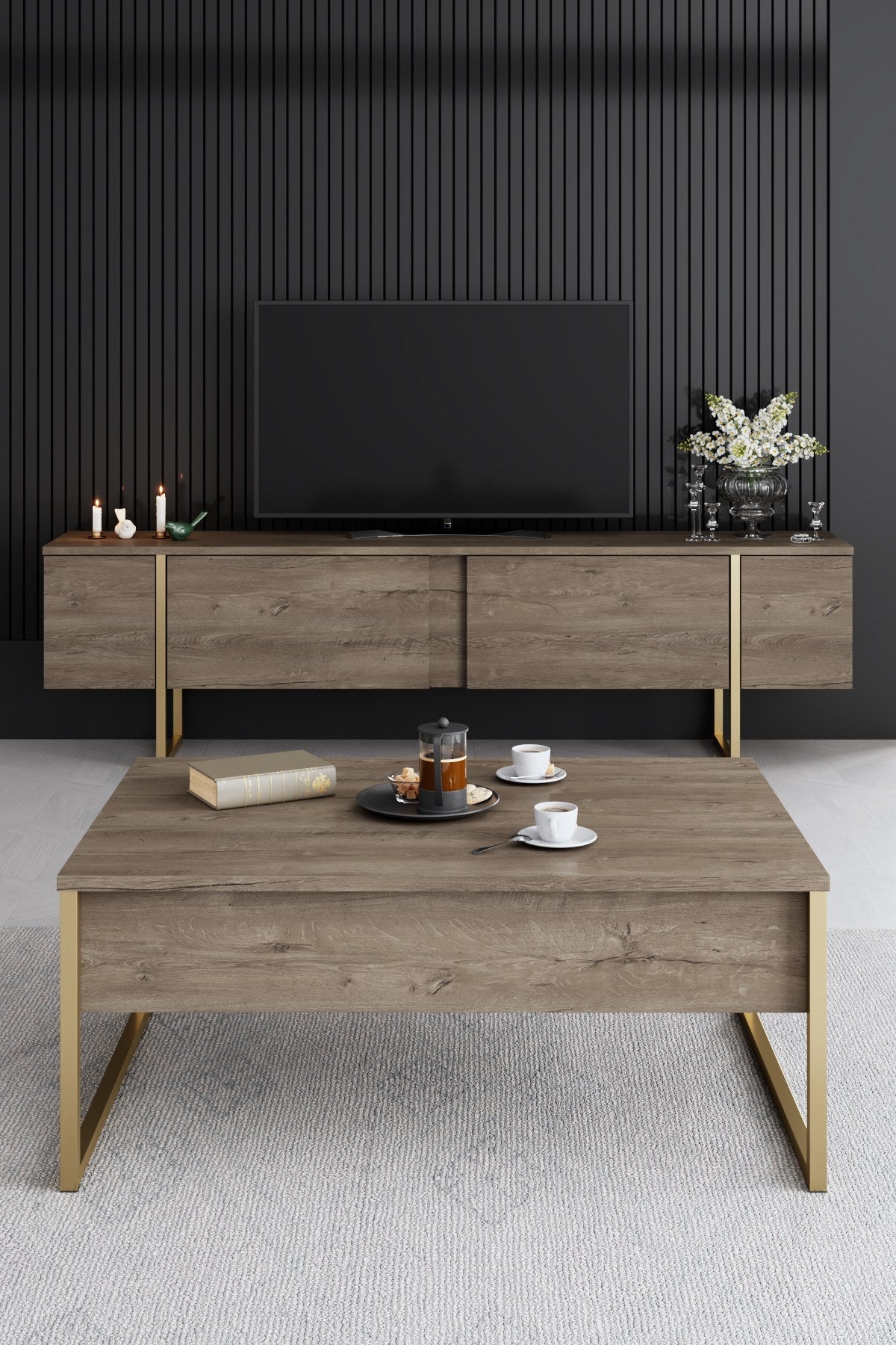 Set di mobili di lusso in noce - Tavolino + Mobile TV + Credenza - Cornice dorata