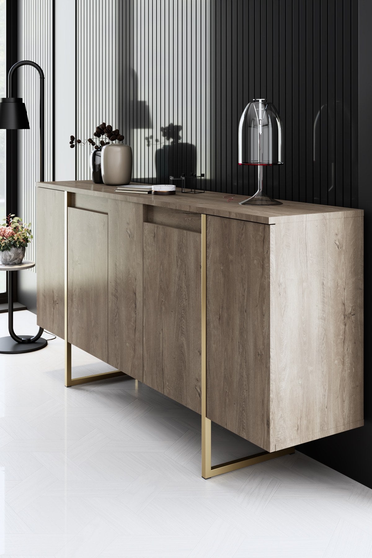 Set di mobili di lusso in noce - Tavolino + Mobile TV + Credenza - Cornice dorata