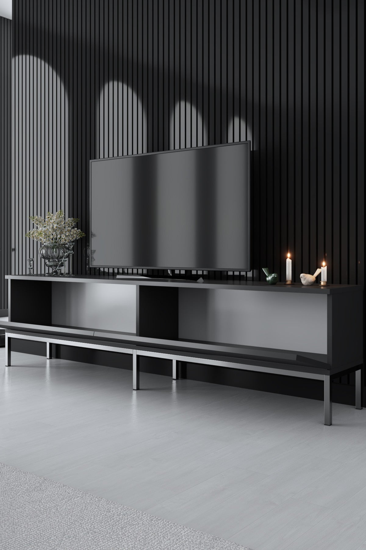 TV Meubels - TV Meubel Lord Antraciet Zilver Melamine 180x47x30 cm - Dimehouse