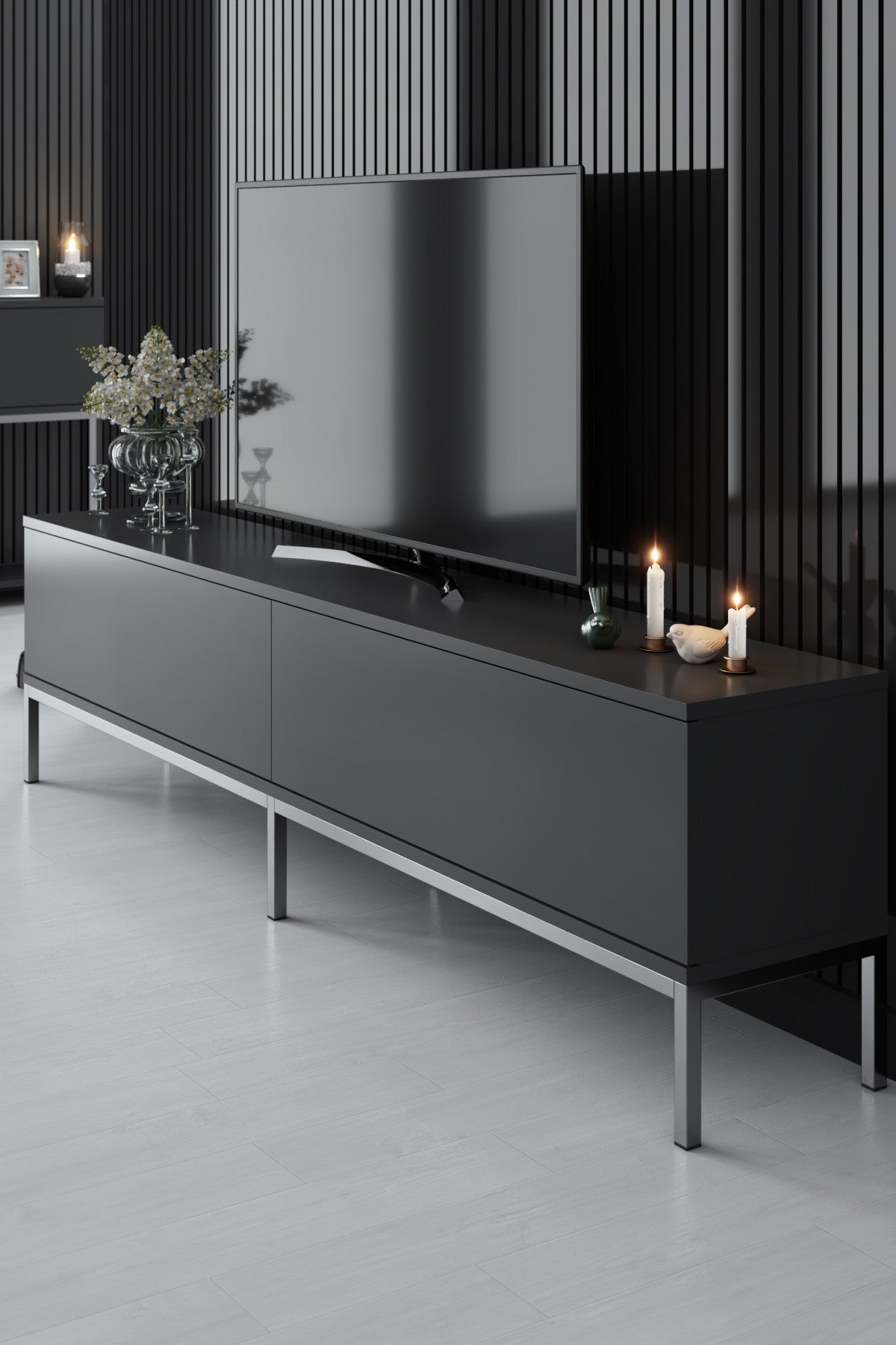 Set di mobili Lord Antracite - Tavolino + Mobile TV + Credenza - Struttura argento