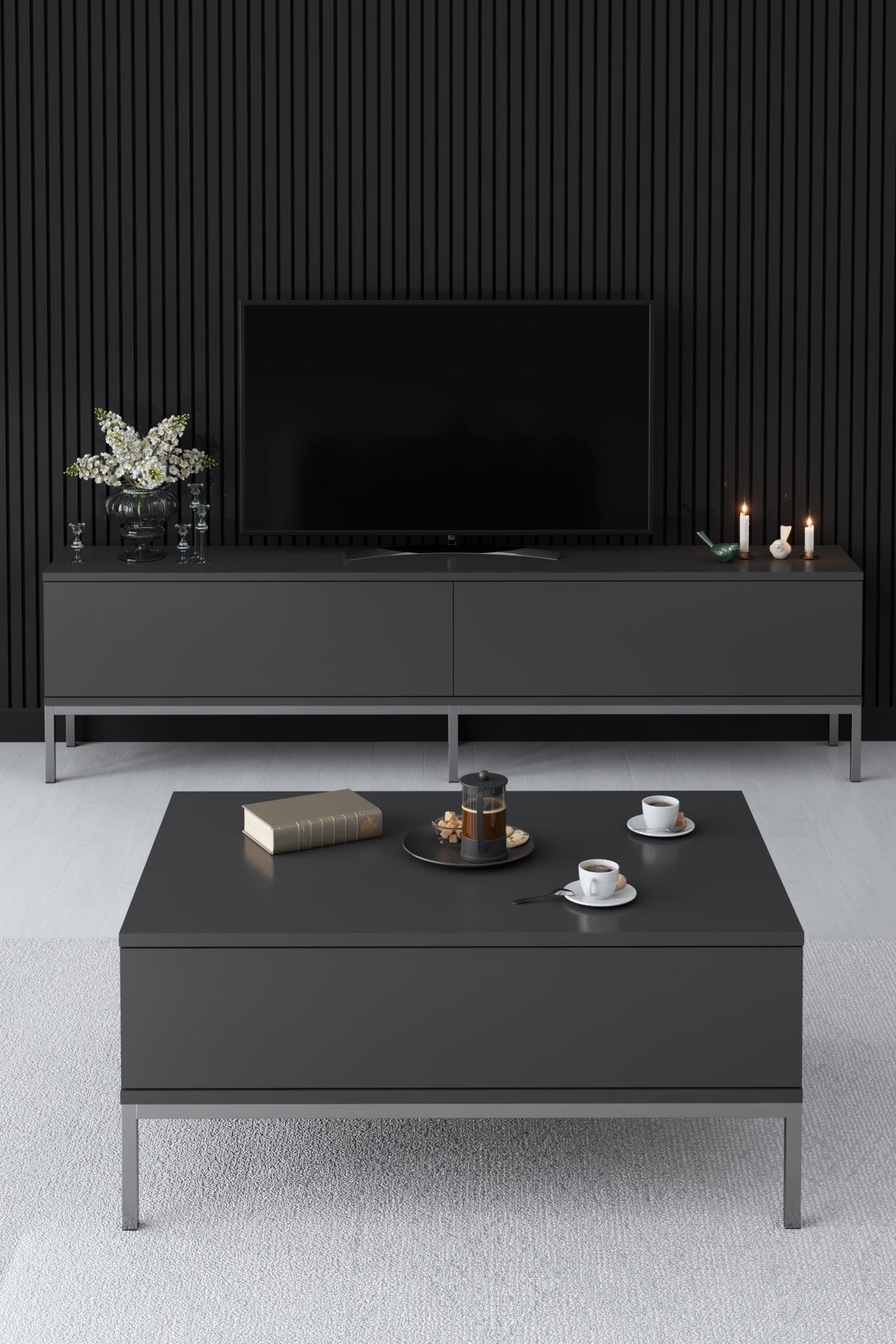 Set di mobili Lord Antracite - Tavolino + Mobile TV + Credenza - Struttura argento