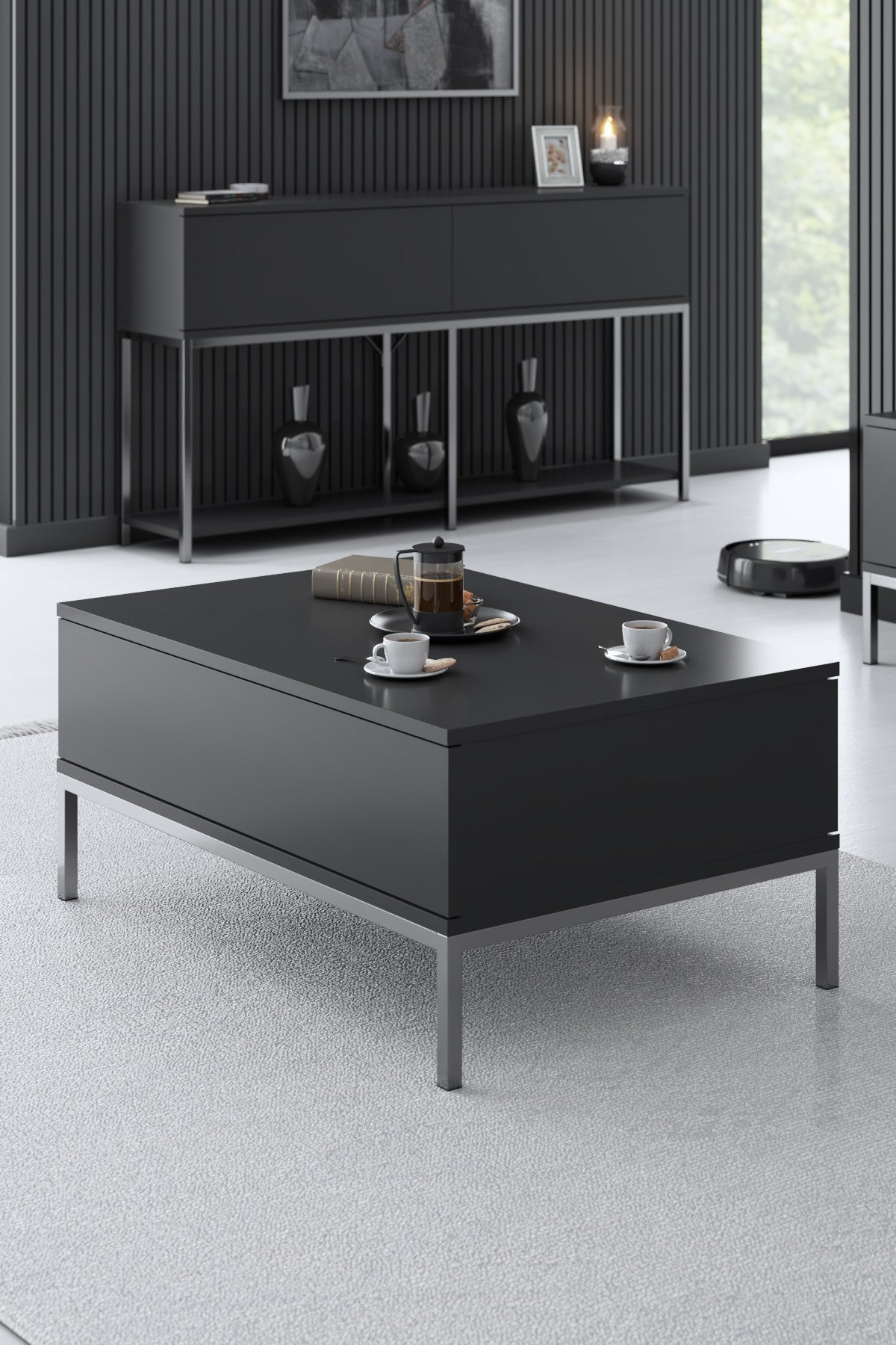 Set di mobili Lord Antracite - Tavolino + Mobile TV + Credenza - Struttura argento
