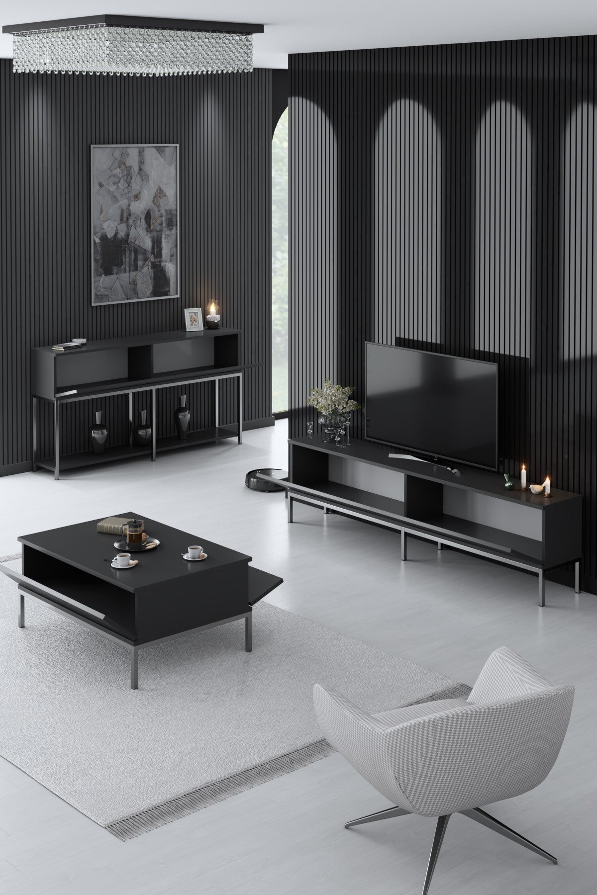 Set di mobili Lord Antracite - Tavolino + Mobile TV + Credenza - Struttura argento