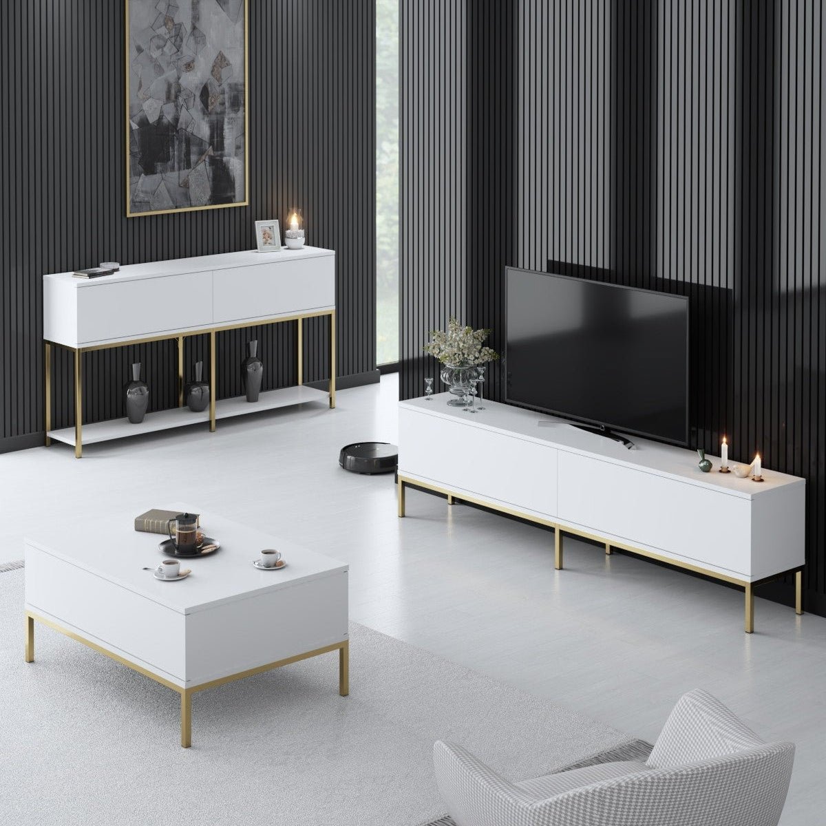 Set di mobili White Lord - Tavolino + Mobile TV + Credenza - Cornice dorata