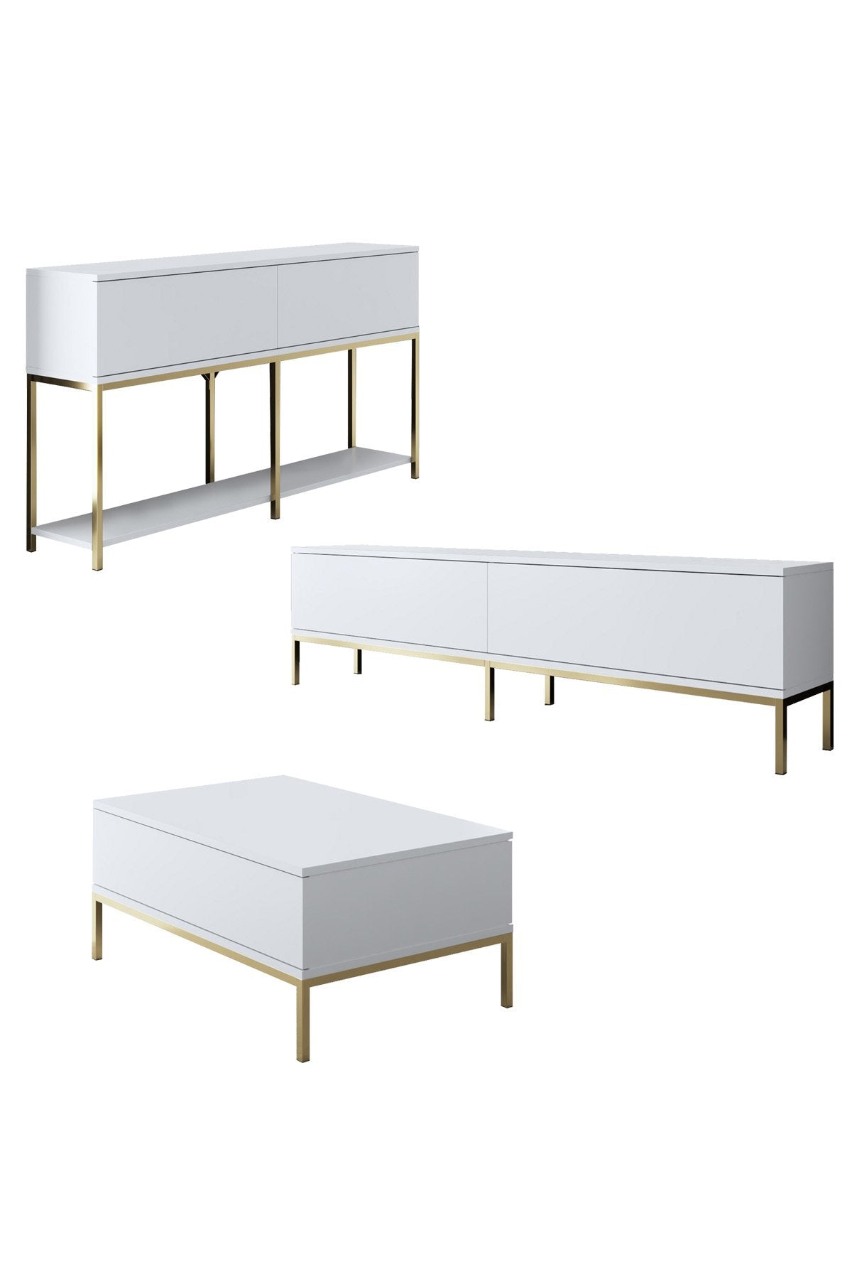 Set di mobili White Lord - Tavolino + Mobile TV + Credenza - Cornice dorata