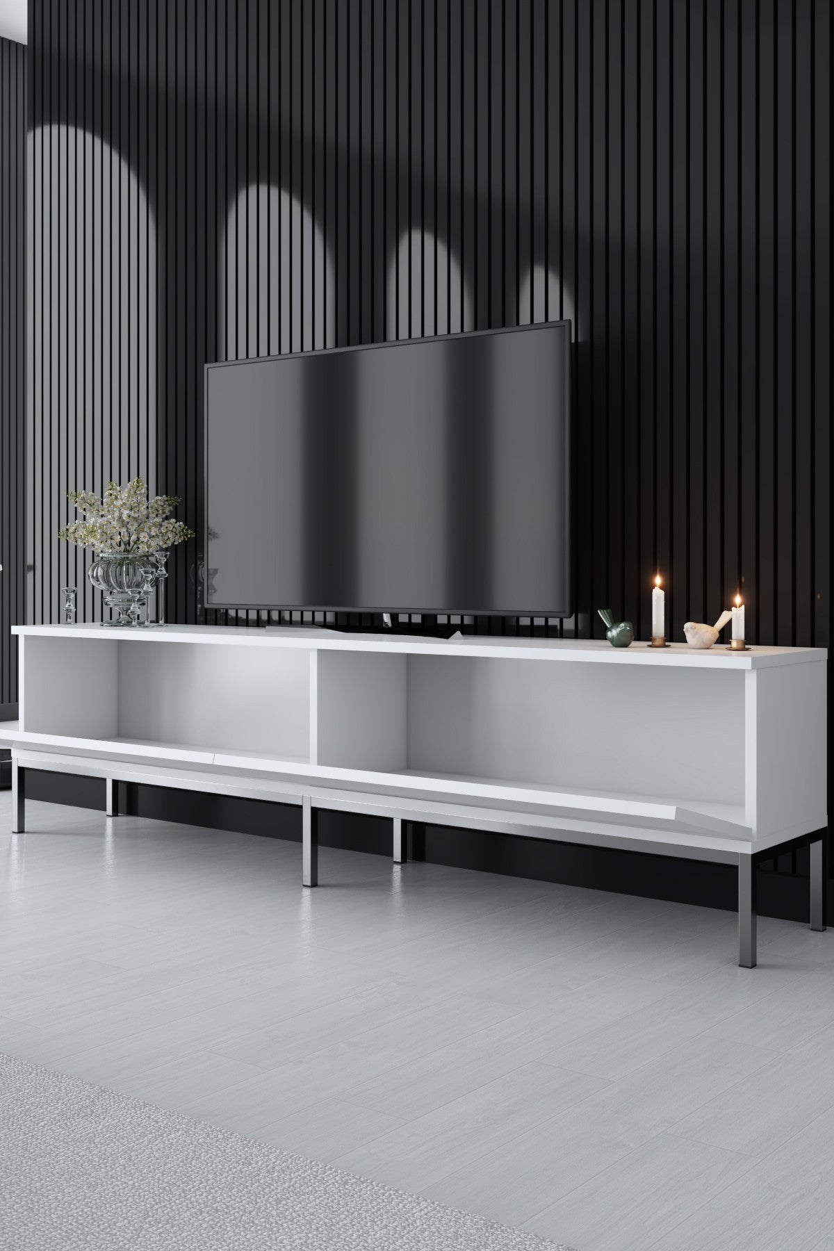 TV Meubels - TV Meubel Lord Wit Zilver Melamine 180x47x30 cm - Dimehouse
