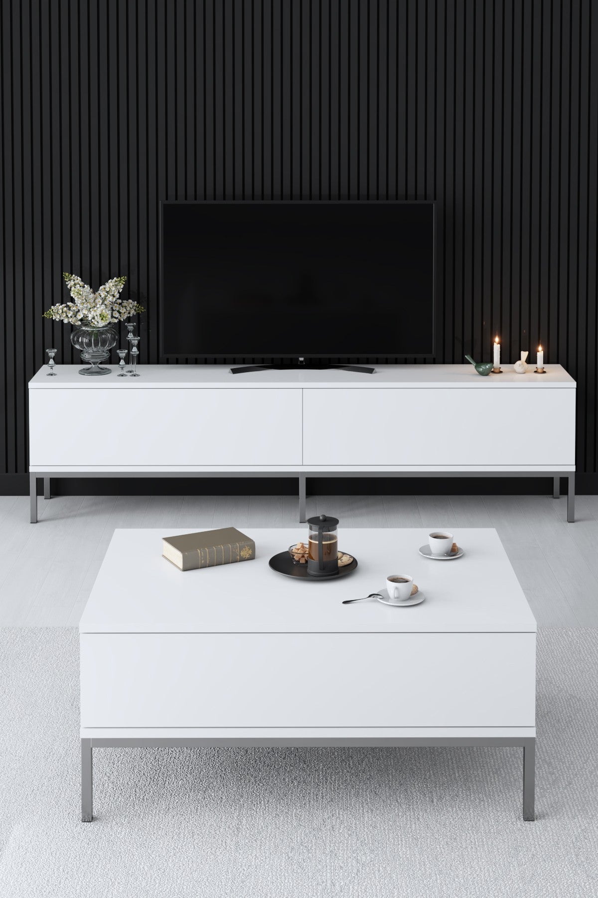 Meubelsets - Meubelset Wit Lord - Salontafel + TV Meubel + Dressoir - Zilver Frame - Dimehouse