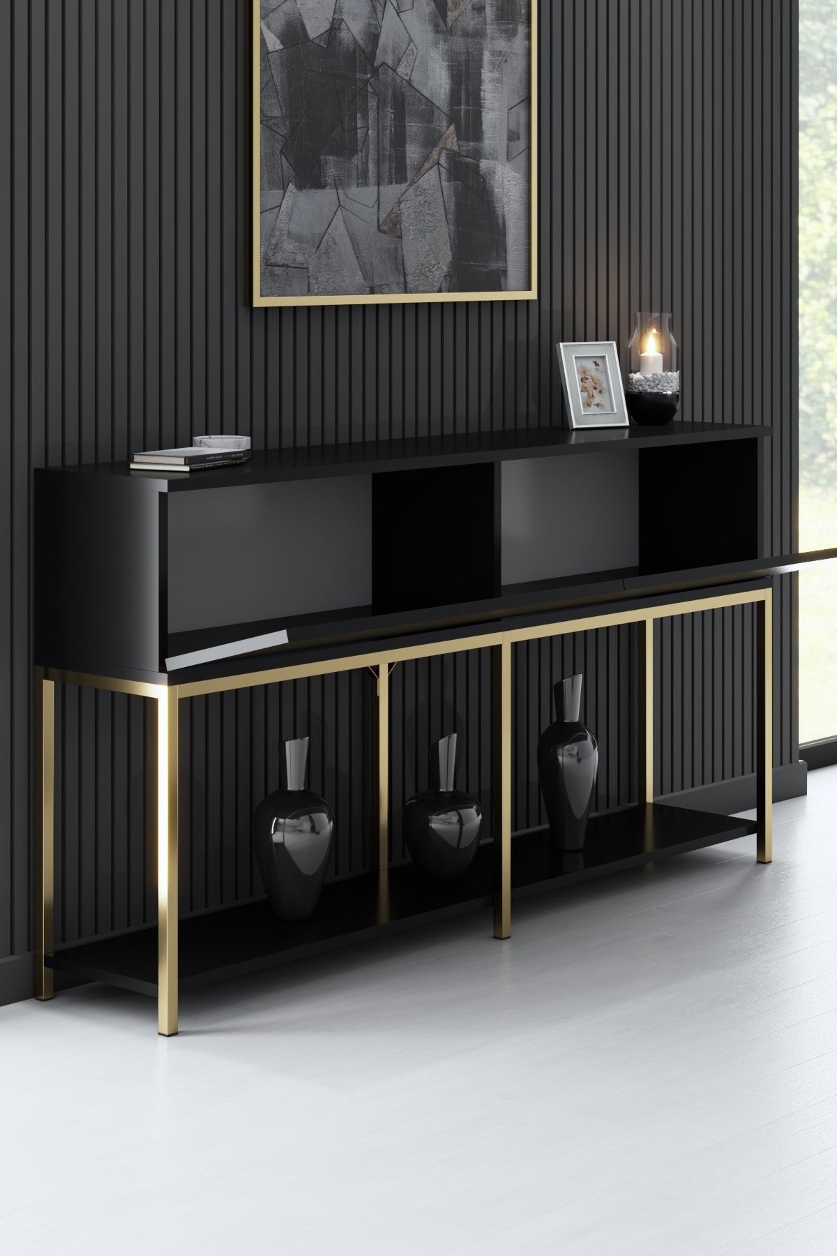 Dressoirs - Modern Dressoir Zwart Lord 150x30x80 - Gouden Frame - Twee Vakken - Dimehouse