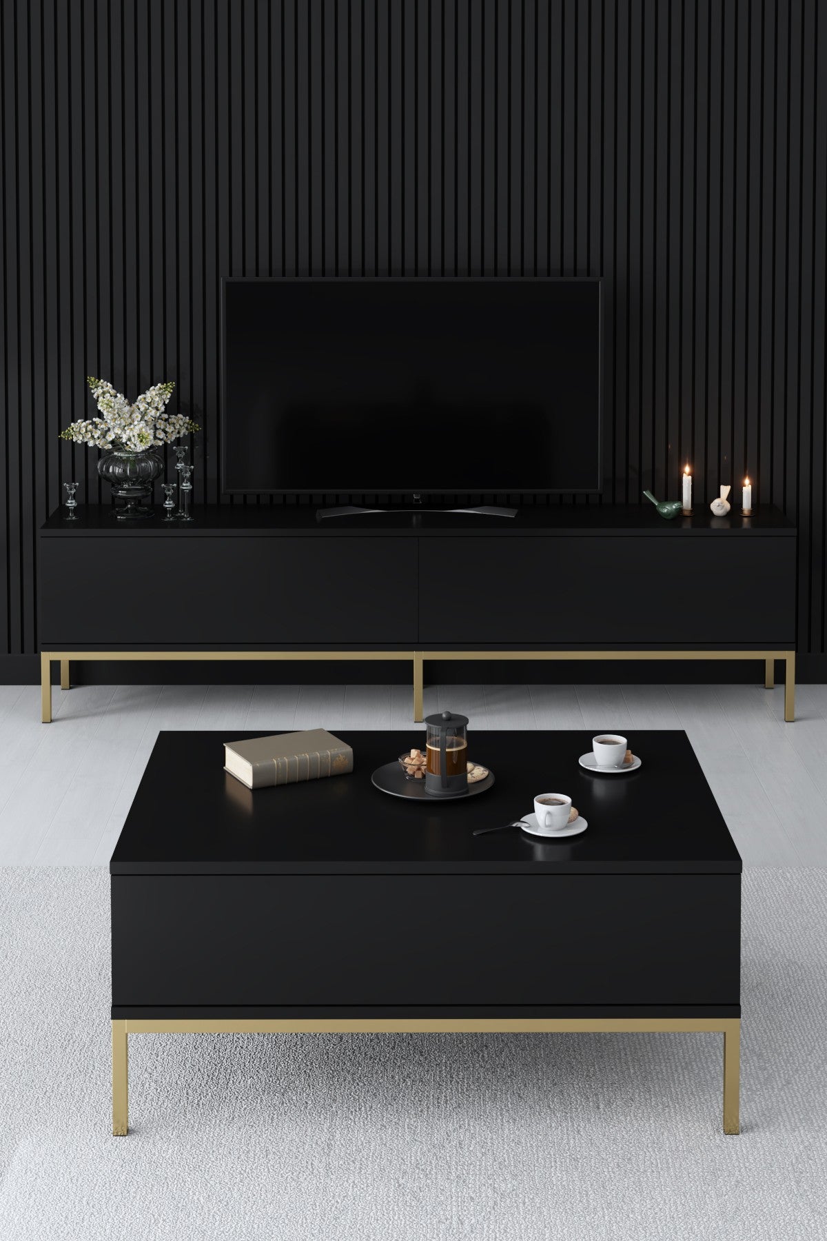 Set di mobili Black Lord - Tavolino + Mobile TV + Credenza - Cornice dorata