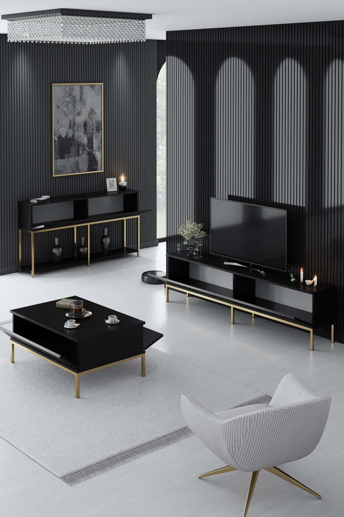 Set di mobili Black Lord - Tavolino + Mobile TV + Credenza - Cornice dorata