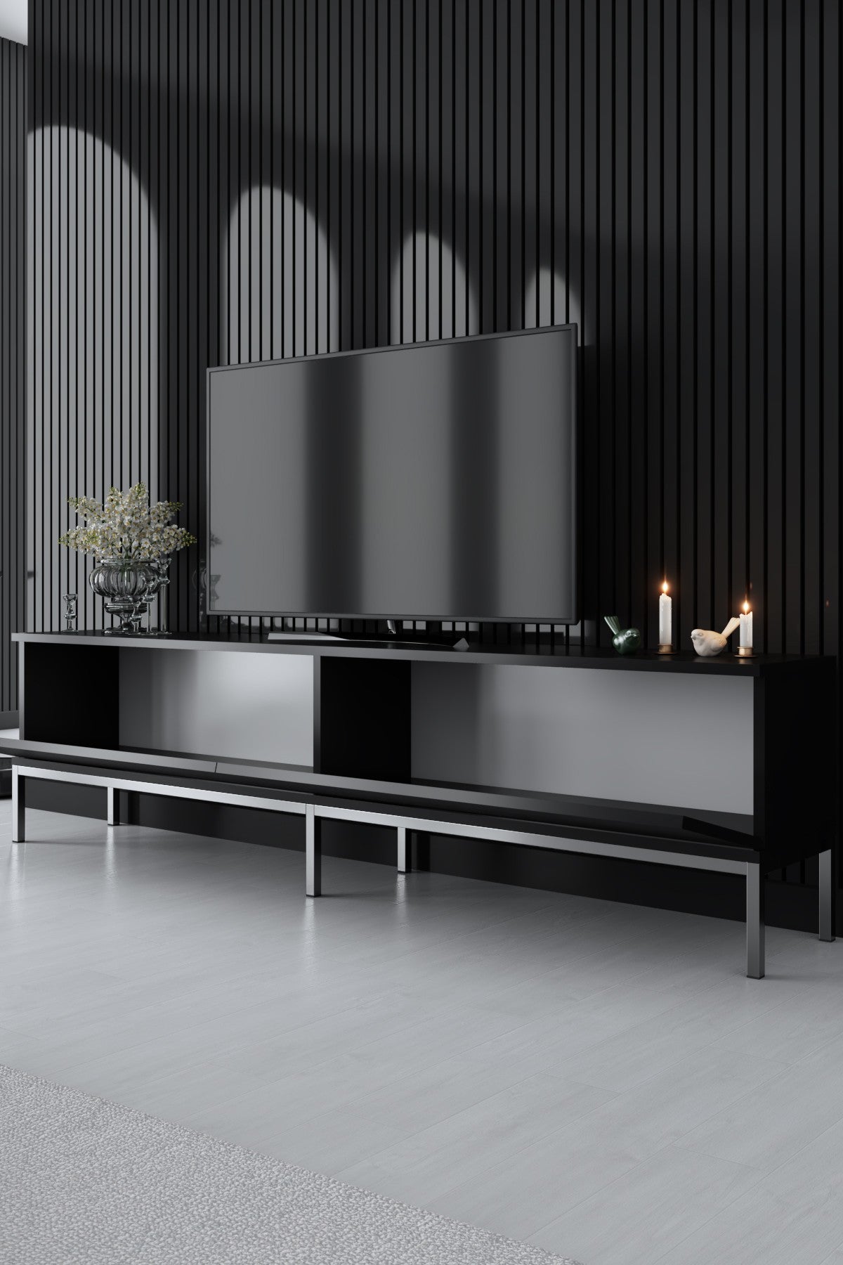TV Meubels - TV Meubel Lord Zwart Zilver Melamine 180x47x30 cm - Dimehouse