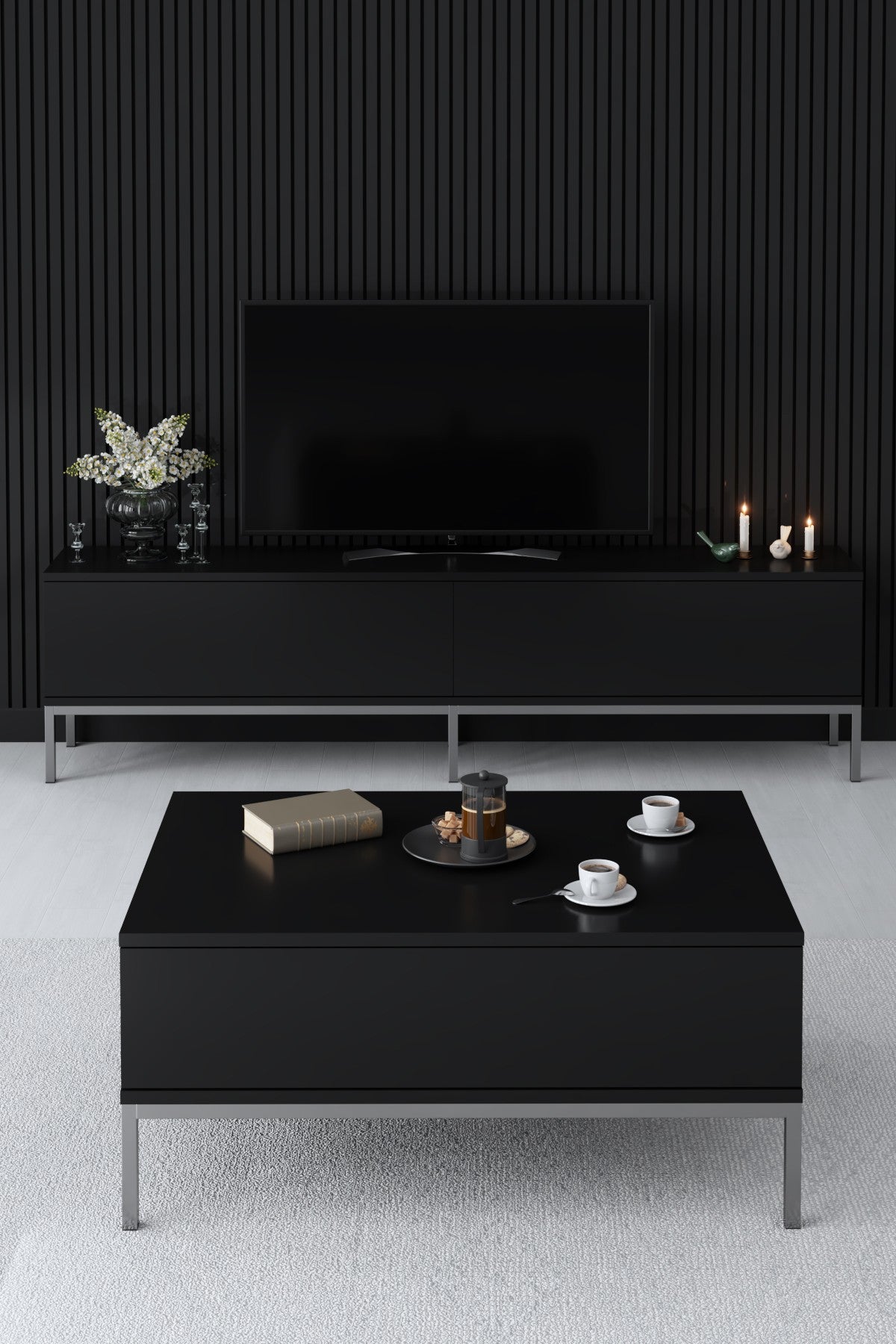 Set di mobili Black Lord - Tavolino + Mobile TV + Credenza - Struttura argento