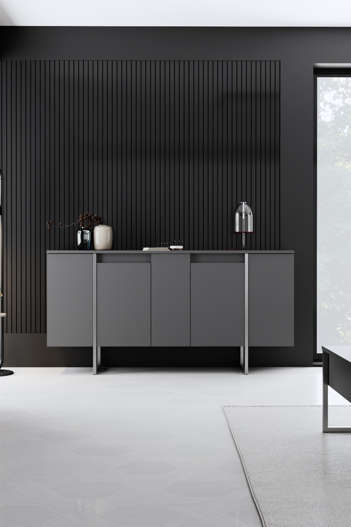 Meubelsets - Meubelset Antraciet Luxe - Salontafel + TV Meubel + Dressoir - Zilver Frame - Dimehouse