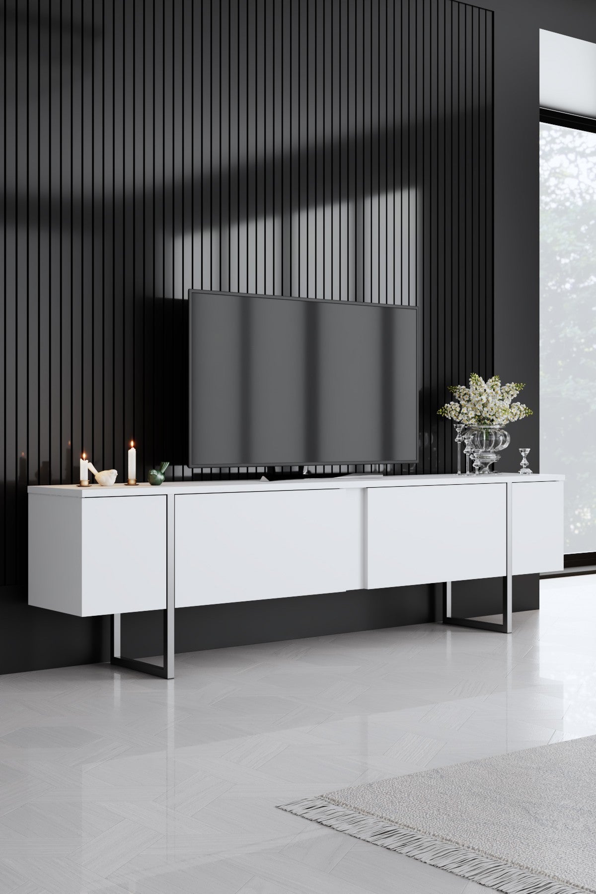Set di mobili White Luxury - Tavolino + Mobile TV + Cassettiera Luxury - Cornice Argento