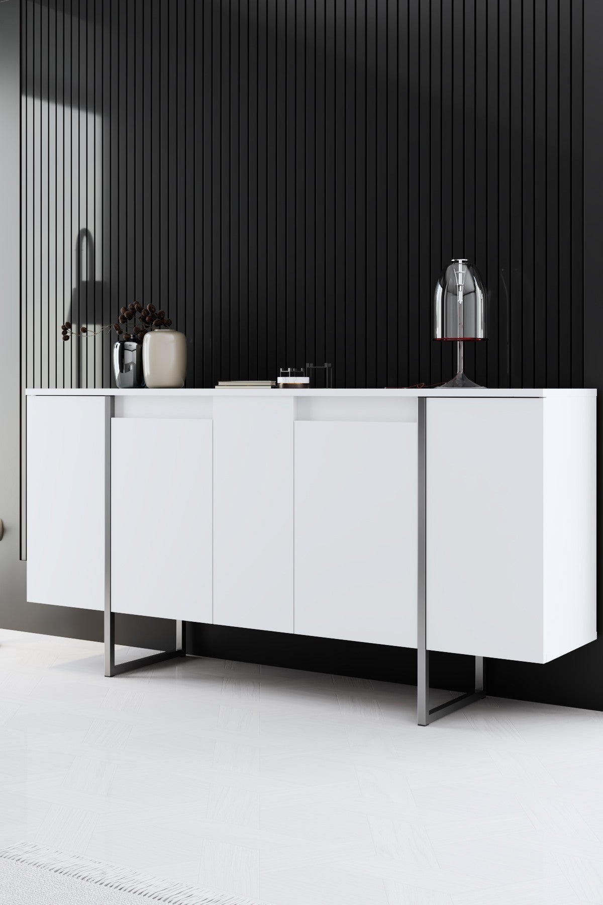 Set di mobili White Luxury - Tavolino + Mobile TV + Cassettiera Luxury - Cornice Argento