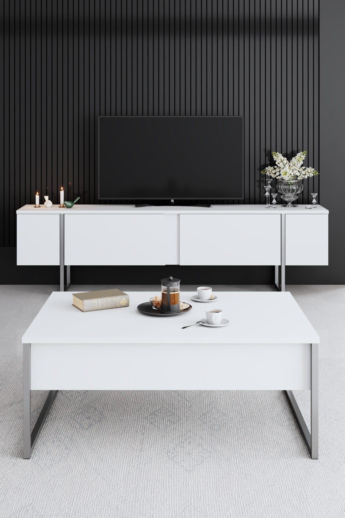 Set di mobili White Luxury - Tavolino + Mobile TV + Cassettiera Luxury - Cornice Argento