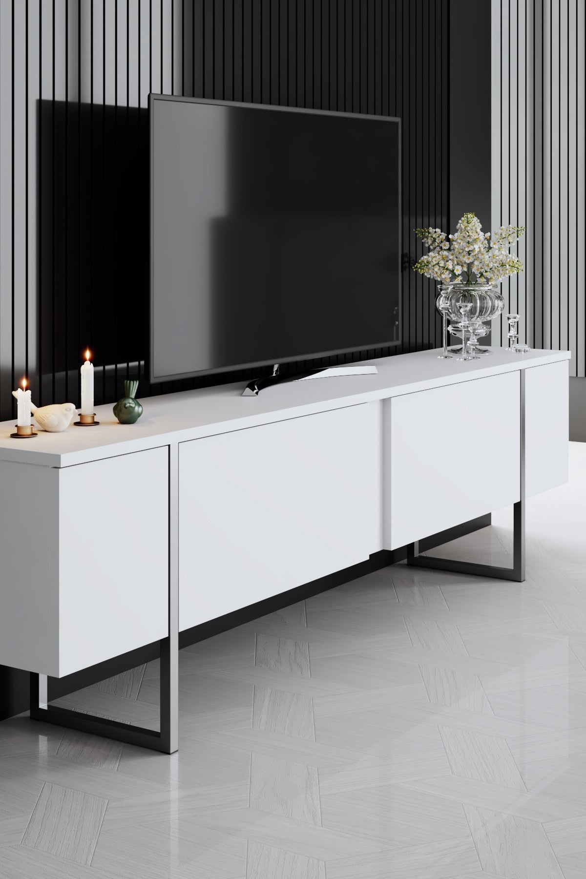 Set di mobili White Luxury - Tavolino + Mobile TV + Cassettiera Luxury - Cornice Argento