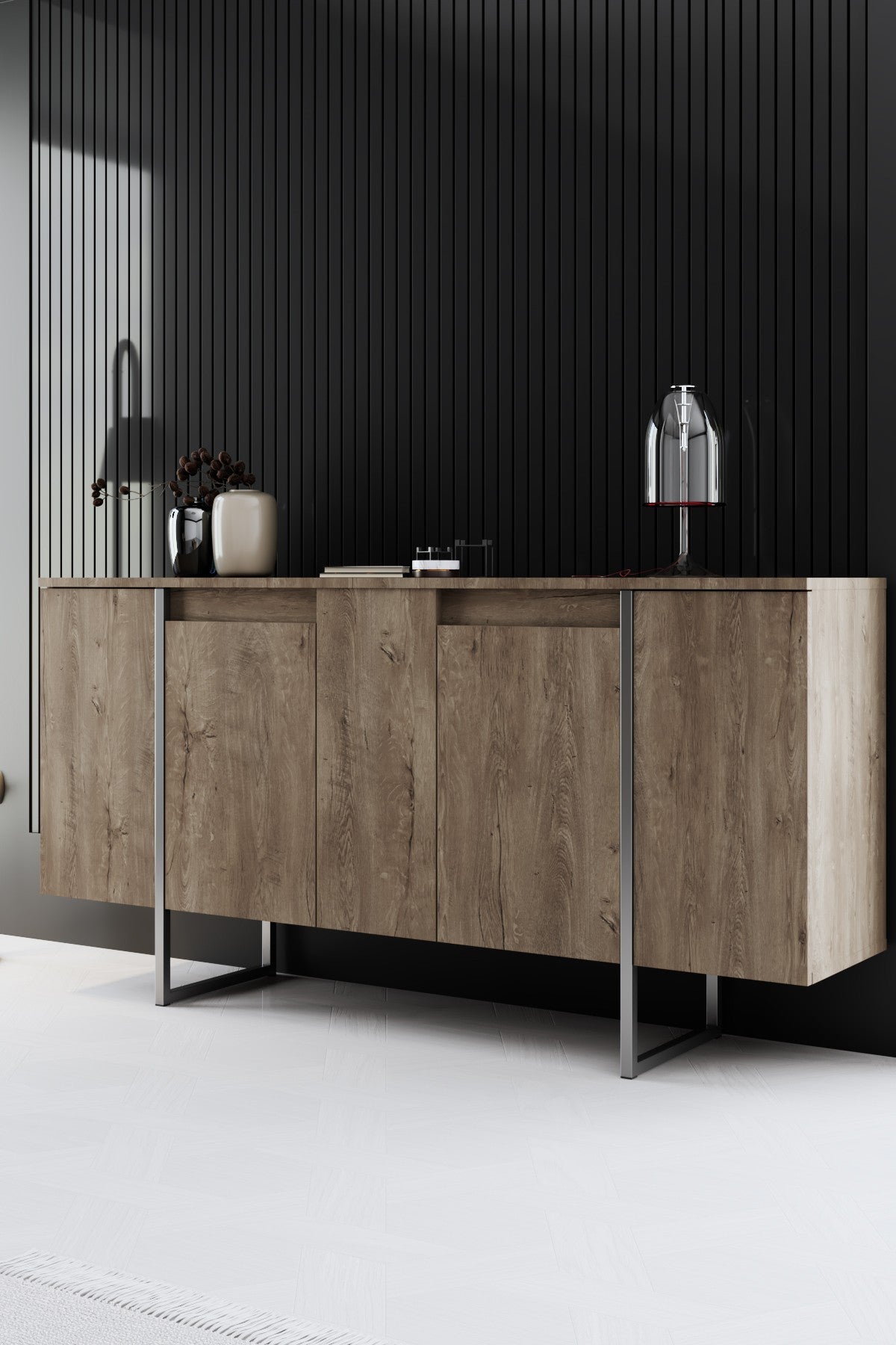 Set di mobili di lusso in noce - Tavolino + Mobile TV + Credenza - Cornice argento