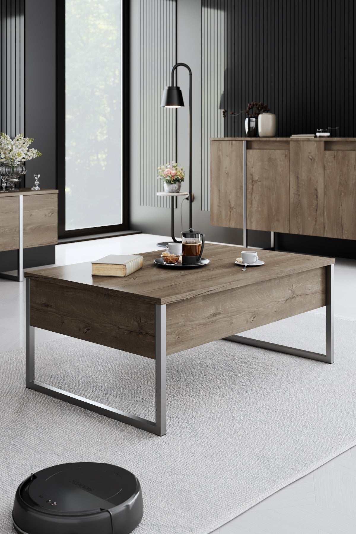 Set di mobili di lusso in noce - Tavolino + Mobile TV + Credenza - Cornice argento