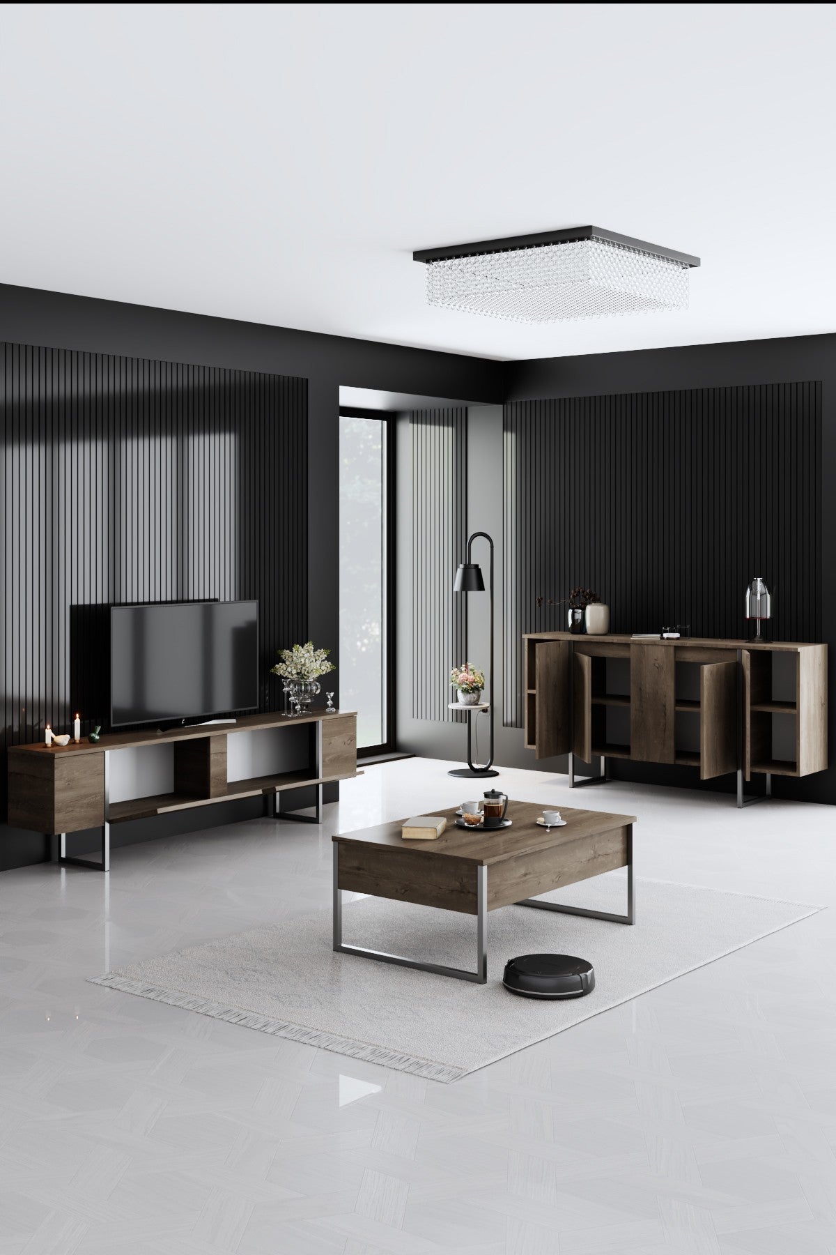 Set di mobili di lusso in noce - Tavolino + Mobile TV + Credenza - Cornice argento