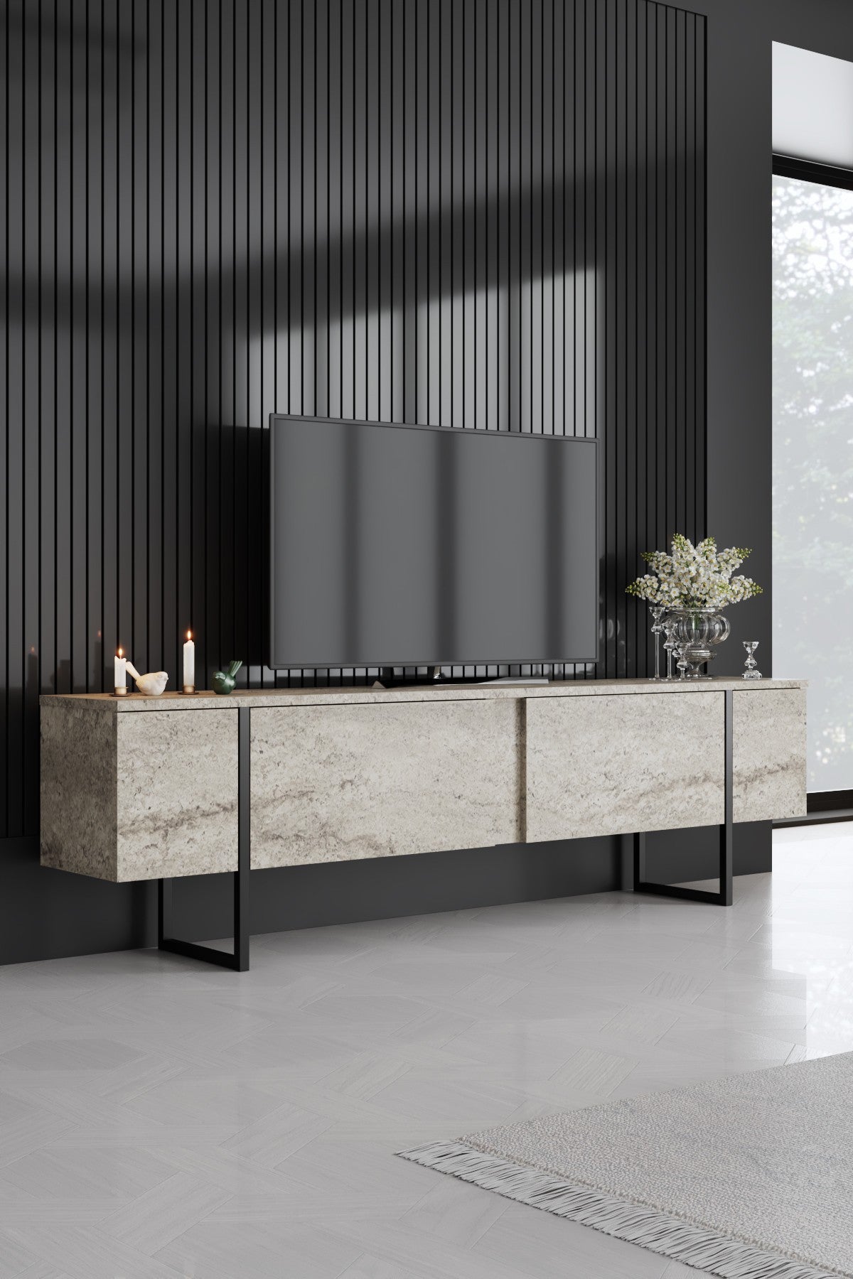 Meubelsets - Meubelset Travertin Luxe - Salontafel + TV Meubel + Dressoir Luxe - Zwart Frame - Dimehouse