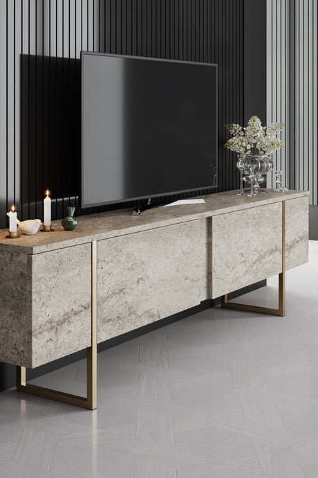 Meubelsets - Meubelset Travertin Luxe - Salontafel + TV Meubel + Dressoir Luxe - Gouden Frame - Dimehouse