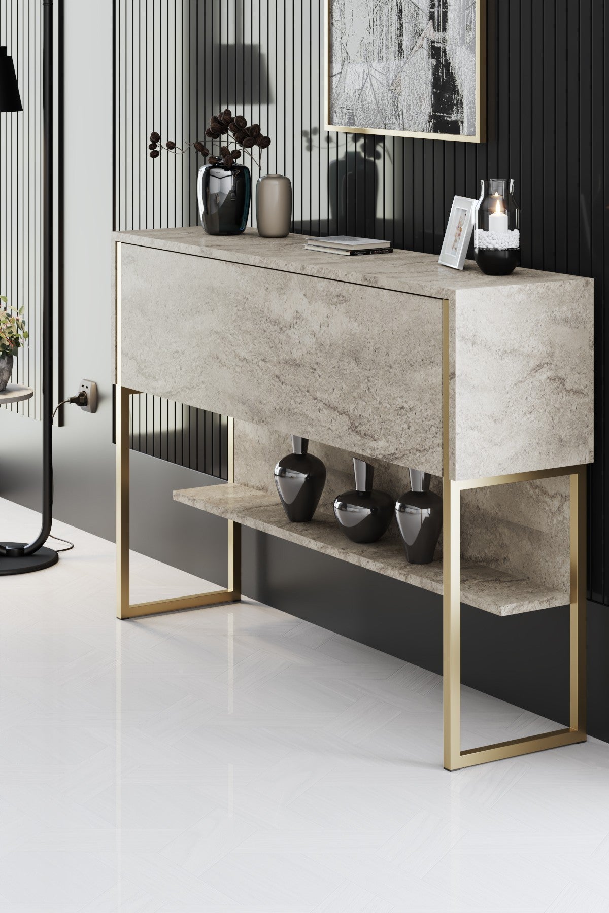 Meubelsets - Meubelset Travertin Luxe - Salontafel + TV Meubel + Dressoir Luxe - Gouden Frame - Dimehouse