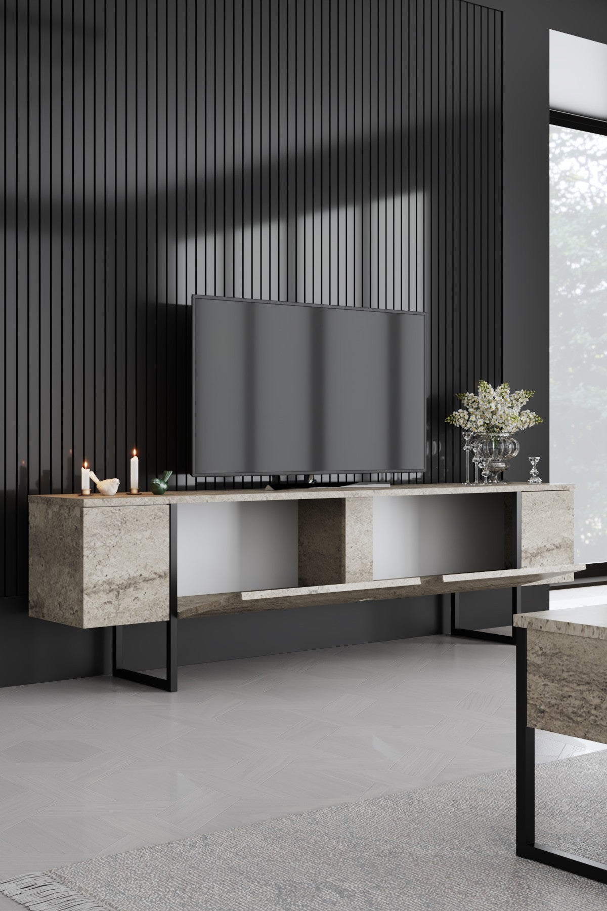 TV Meubels - TV Meubel Travertin Luxe 180x50x30 - Zwart Frame - Dimehouse