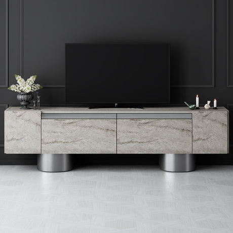 Mobile TV Travertino Bohem 180x50x30 - Cornice Argento