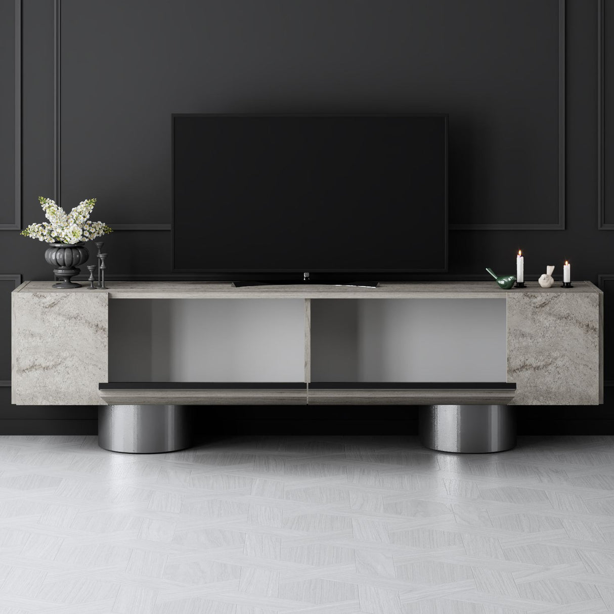 TV Meubels - TV Meubel Travertin Bohem 180x50x30 - Zilver Frame - Dimehouse